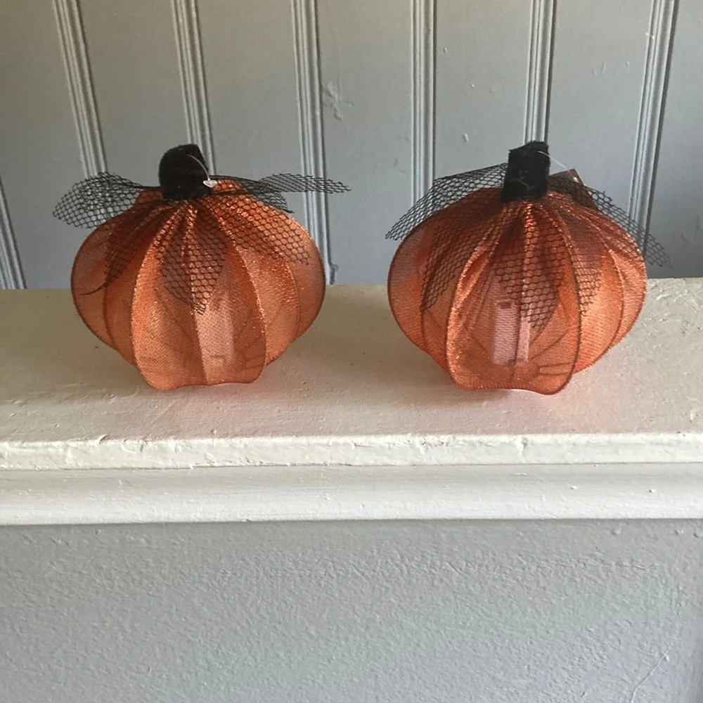 NWT- 2- Elegant Orange Lace Covered Light Up LED Halloween Pumpkin Decorations